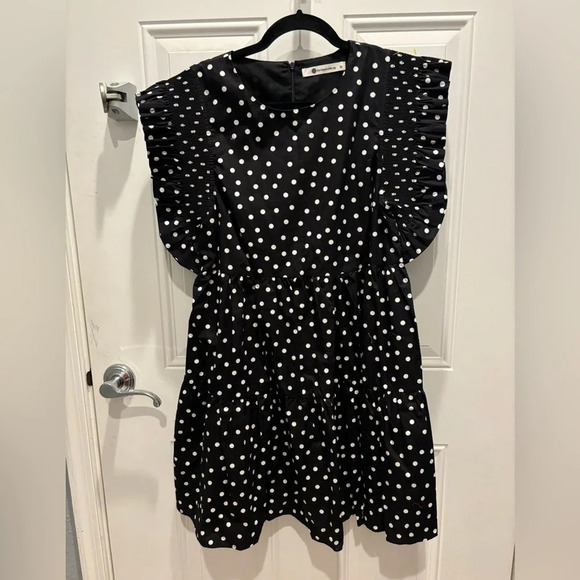The Impeccable Pig Women Dress Ruffle Mini Polka Dot Black White Pockets Medium - Picture 2 of 4